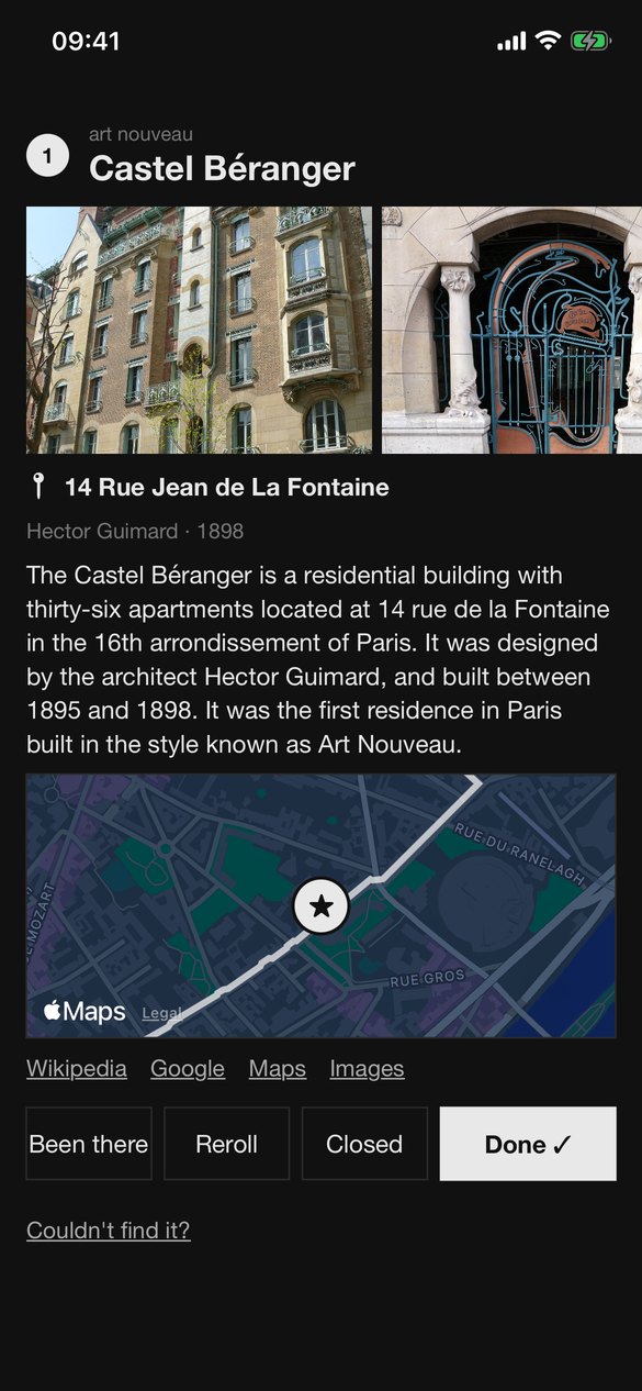 Castel Béranger's stop in the app: photos of the façade and Guimard's gate, the address, the story and the walk's route on a small map.